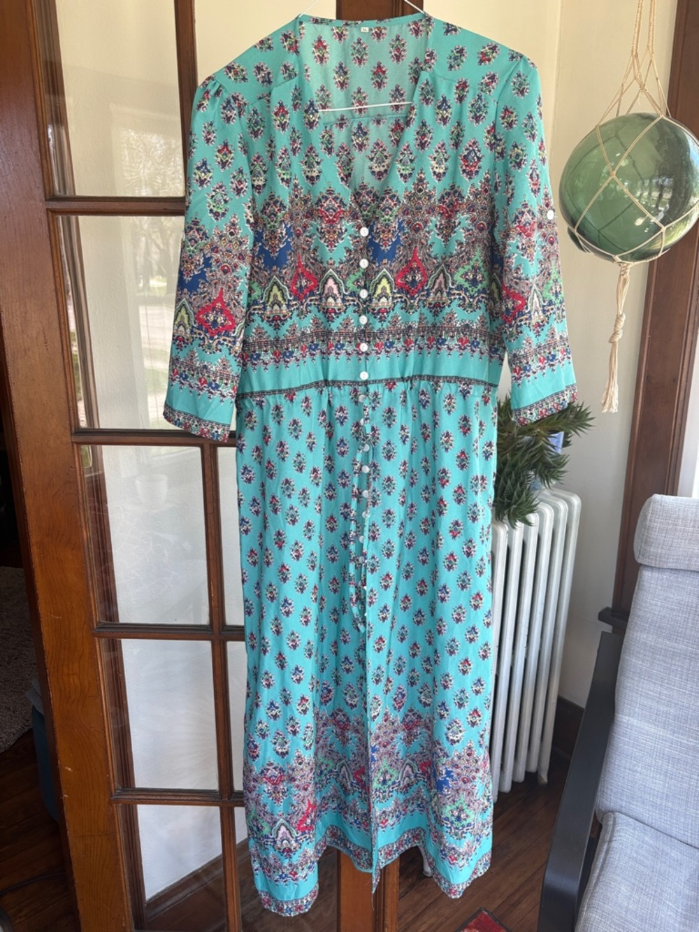 Turquoise Floral Border Button-Front Maxi Dress